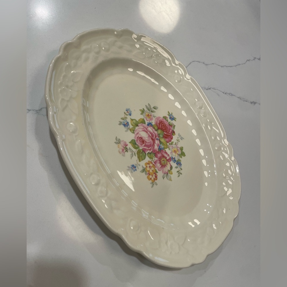 VTG Homer Laughlin French Country Floral Ivory White Serving Platter Tray Plate